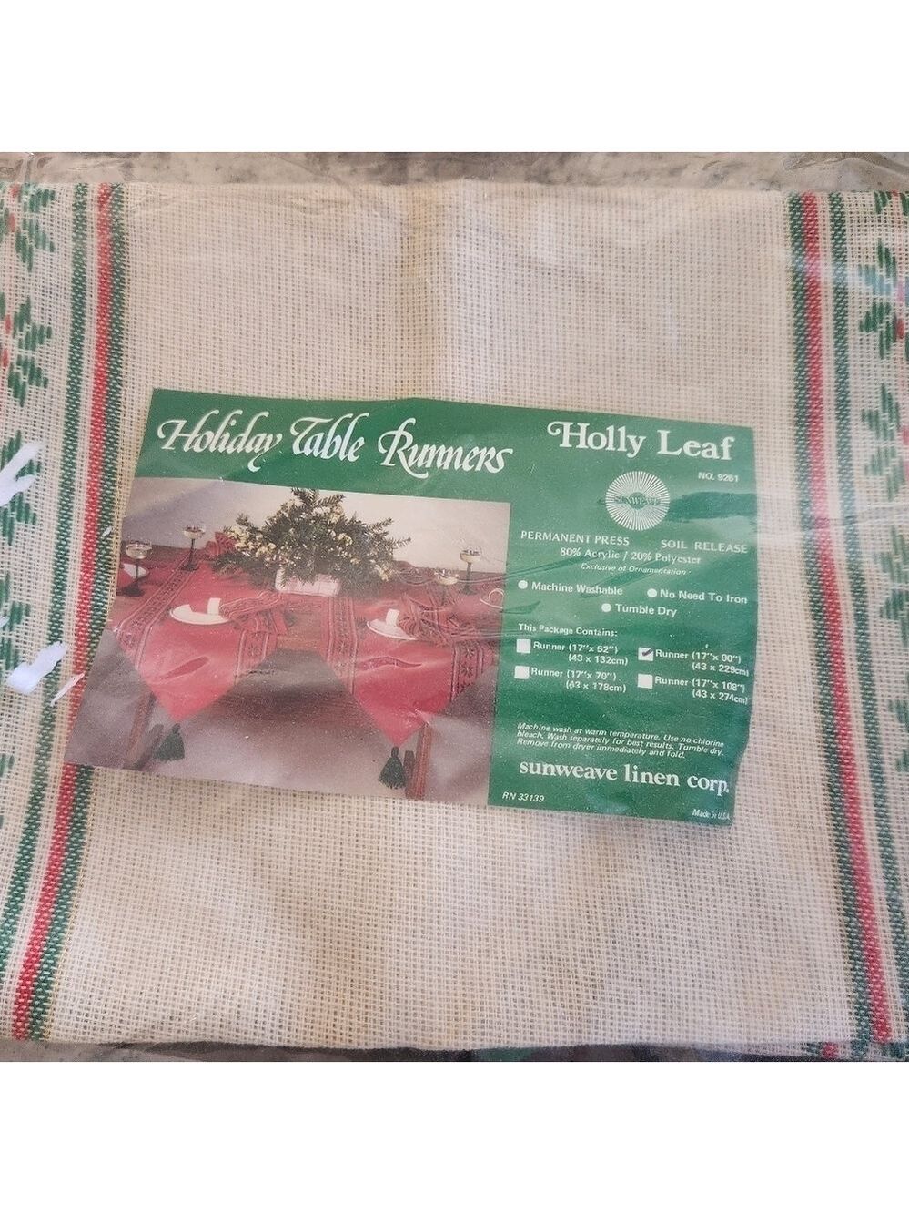 New in Package Sunweave Linen Co.  Holly Leaf Table Runner 17"x90" - Picture 4 of 7